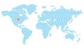 Vector map of the world consisting of blue E-mail symbol arranged in circles that converge in North America where there is a large