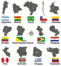 Vector maps and flags of South American countries Royalty Free Stock Photo