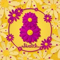 Vector 8 march international womens day yellow greeting card with pink flowers