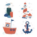 Vector flat colorful illustration isolated on white. Cute cartoon marine nautical travel icons set. Royalty Free Stock Photo