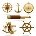 Vector marine navigation icon set isolated on white background. Windrose, anchor, compass and other objects. Royalty Free Stock Photo