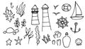 Vector marine set of elements isolated black outline on white background Lighthouse seaweed seashells sailboat and steering wheel Royalty Free Stock Photo