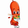 vector mascot character illustration of a sausage eating a bowl of noodles with chopsticks