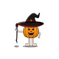 vector mascot pumpkin wizard character wearing black hat with a red ribbon on the head of a pumpkin. Holding the stick Royalty Free Stock Photo