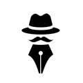 Vector master mister mr pen writer. Fountain pen with hat and mustache abstract logo icon illustration design