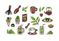 Vector matcha tea accessories and food doodle set. Collection of green tea objects with pile of matcha powder, candy