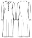 Vector maxi dress sketch, long sleeved with polo neck dress technical drawing