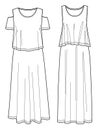 Vector maxi layered short sleeved dress technical drawing