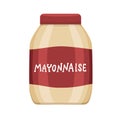 Vector mayonnaise, canned container with white pale mayonnaise , label, glass pot with provencal sauce close-up on white
