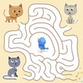 Vector maze game: funny blue bird find the way from the cats trap