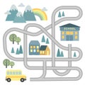 Vector maze game for kids with vehicles and tangled road. Help school bus find path to school. Labyrinth back to school