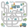 Vector maze game for kids with vehicles and tangled road. Labyrinth help the garbage truck to reach recycle plant