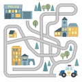 Maze game with vehicles and tangled road. Help the police car to reach the police office