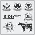 Vector meat labels. Butcher`s business logos. Silhouettes of farm animals.