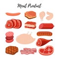 Vector meat products, butcher shop. Beef, sirloin, ham, chicken, jamon. Cartoon flat style Royalty Free Stock Photo