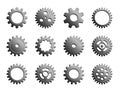 Vector Mechanical Cogwheel Collection. Set Of Silver Gear Wheels And Cogs, Grey Volumetric Icons, Different Configuration