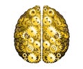 Vector Mechanical Human Brain On White Background. Cerebral Hemispheres, Convolutions Of The Mind Brain. Gold Cog Wheel And Gears