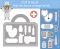 Vector medical cut and glue for children. Medicine educational activity with cute doctor bear and first aid kit with equipment.