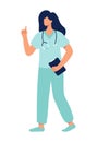 Vector medical icon doctor with folder points a finger consultation. Image Doctor with stethoscope. Illustration Medic