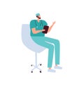 Vector medical icon doctor man with folder points a finger consultation sitting on chair. Image Doctor with stethoscope