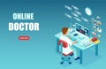 Vector of medical professional, a doctor making diagnosis, giving consideration to patients via modern technology, internet