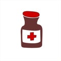 Vector medical red icon. Healthcare design. Hand drawn pill bottle illustration. Doodle first medicine aid