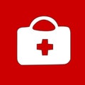 Vector medical red icon. Healthcare design. Medicine chest in doodle style. First aid kit. Pandemic