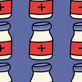 Vector medical seamless pattern of jars with medical drugs Royalty Free Stock Photo