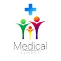 Vector medical sign with cross, family. Symbol for doctors, website, visit card, icon. Blue green violet yellow color Royalty Free Stock Photo