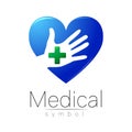 Vector medical sign with cross on hand in heart inside. Symbol for doctors, website, visit card, icon. Blue green color Royalty Free Stock Photo