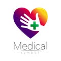 Vector medical sign with cross on hand in heart inside. Symbol for doctors, website, visit card, icon. Violet green Royalty Free Stock Photo