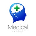 Vector medical sign with cross, human, brain. Symbol for doctors, website, visit card, icon. Blue green color. Medicine Royalty Free Stock Photo