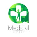 Vector medical sign with cross, human inside circle. Symbol for doctors, website, visit card, icon. Green color Royalty Free Stock Photo