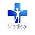 Vector medical sign with cross, human inside. Symbol for doctors, website, visit card, icon. blue color. Medicine modern Royalty Free Stock Photo