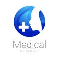 Vector medical sign with cross, human profile. Symbol for doctors, website, visit card, icon. Blue color. Medicine Royalty Free Stock Photo