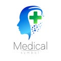 Vector medical sign with cross, human profile. Symbol for doctors, website, visit card, icon. Blue green color. Medicine Royalty Free Stock Photo