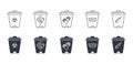 Vector medical waste icons. Editable stroke. Containers with a protective face mask, medication gloves, a syringe. Infectious Royalty Free Stock Photo