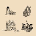Vector medieval landscapes illustrations set. Hand drawn sketches of church, abbey, castle etc in fields and hills