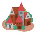 Vector Medieval village icon isolated on white background. Magic kingdom picture. Stone and wooden building set. Countryside with