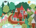 Vector Medieval village landscape with princess and pink unicorn. Magic kingdom picture. Stone and wooden building surrounded by