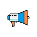 Vector megaphone, loudspeaker flat color line icon.