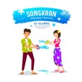 Vector men, women playing water bowl on Happy Songkran Day