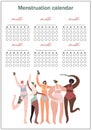 Vector menstruation calendar. Multicultural models women in underwear with plants. Girl power concept. Body positive, feminism. Royalty Free Stock Photo