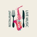 Music restaurant menu with saxophone and cutlery