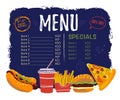 Vector menu design template with menu items & fast food snack - pizza, burger, hot dog, fries. Royalty Free Stock Photo