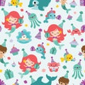 Vector Mermaid Birthday Sea Friends Seamless Pattern Background