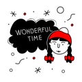 Merry Christmas avatars head, face of girl and lettering WONDERFUL TIME . The xmas black and red vector illustration in