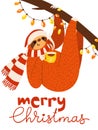 Vector Merry Christmas card with cute funny sloth with coffee cup and lights