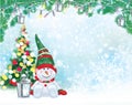 Vector Merry Christmas card. Cute snowman cartoon, greeting card for winter holidays Royalty Free Stock Photo