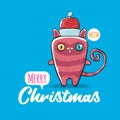 Vector Merry Christmas funky greeting card or banner with kawaii cute Santa Claus cat character with red sant hat Royalty Free Stock Photo